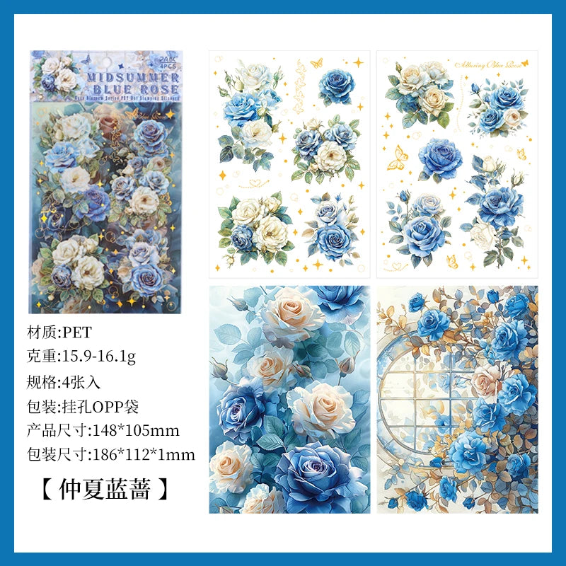 4pcs/pack Large size Aesthetic Flowers PET Stickers Shell Light DIY Scrapbooking Decor Stationery Collage Junk Journal Supplies Qme E