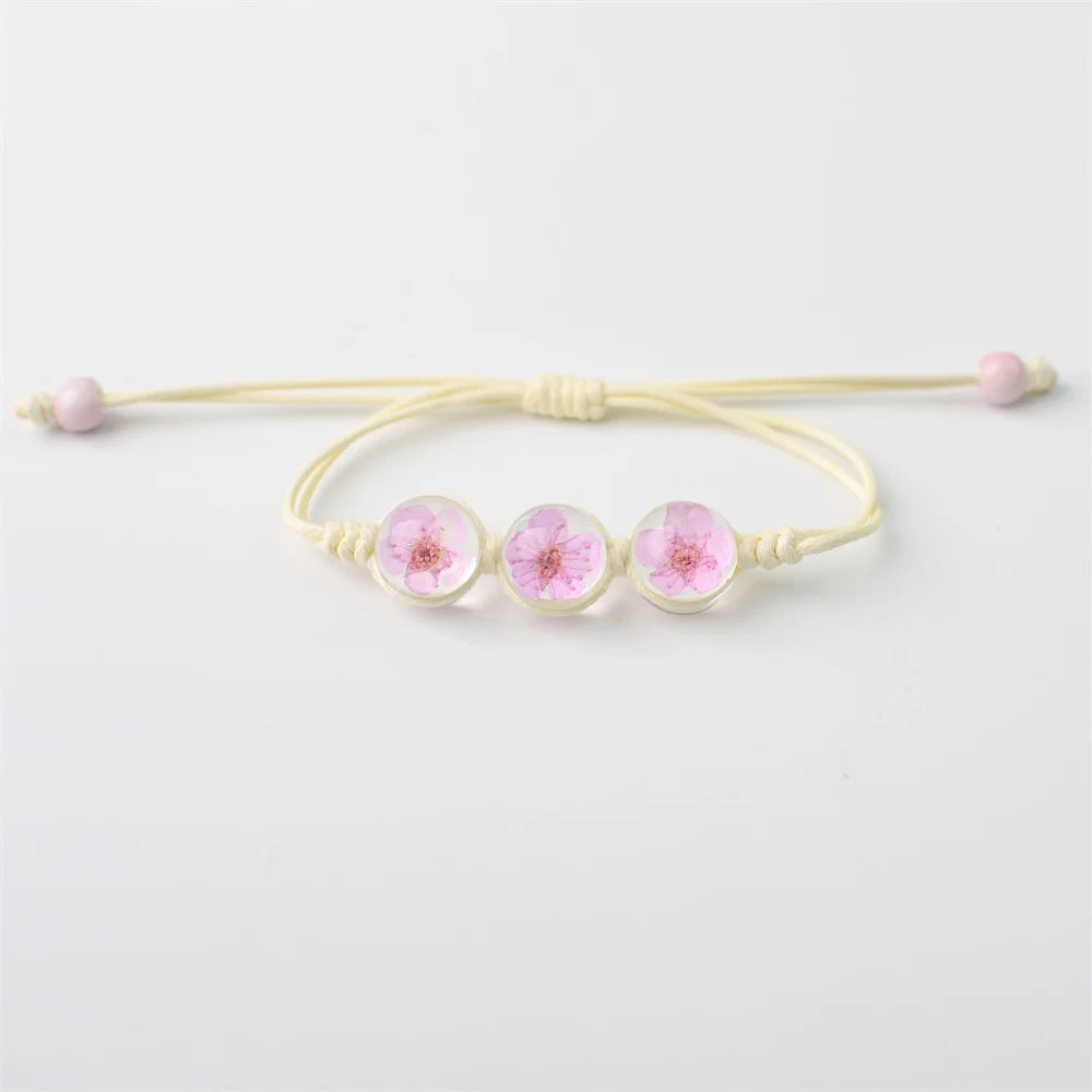 b22 Glass Ball Dried Cherry Blossoms Hand-made Dried Flower Charm Bracelets Multiple options Gifts Natural Flower Weave Jewelry Qme pink