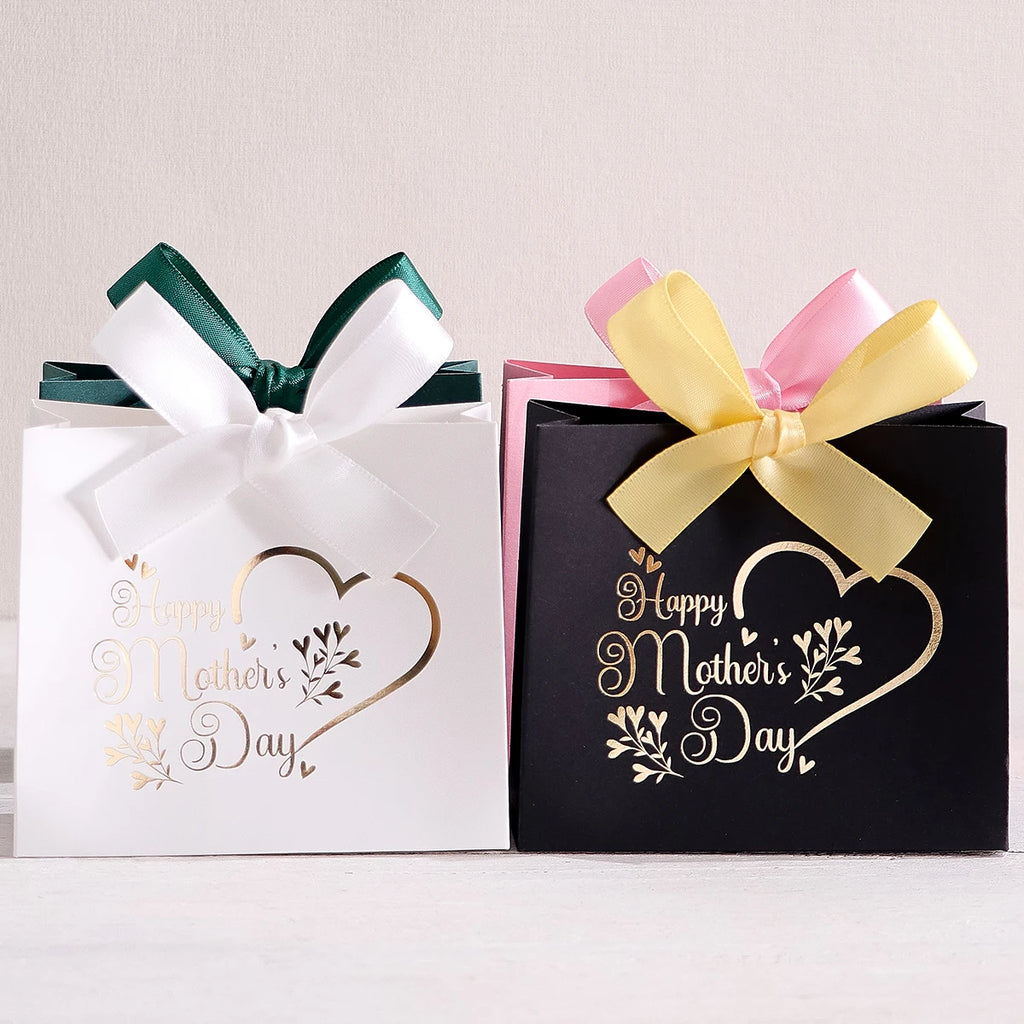 5Pcs Mother's Day Gift Boxes - Small and Elegant Candy Boxes for Mother - Pink and White Design with Gold Paper Printing - Ribbo Qme
