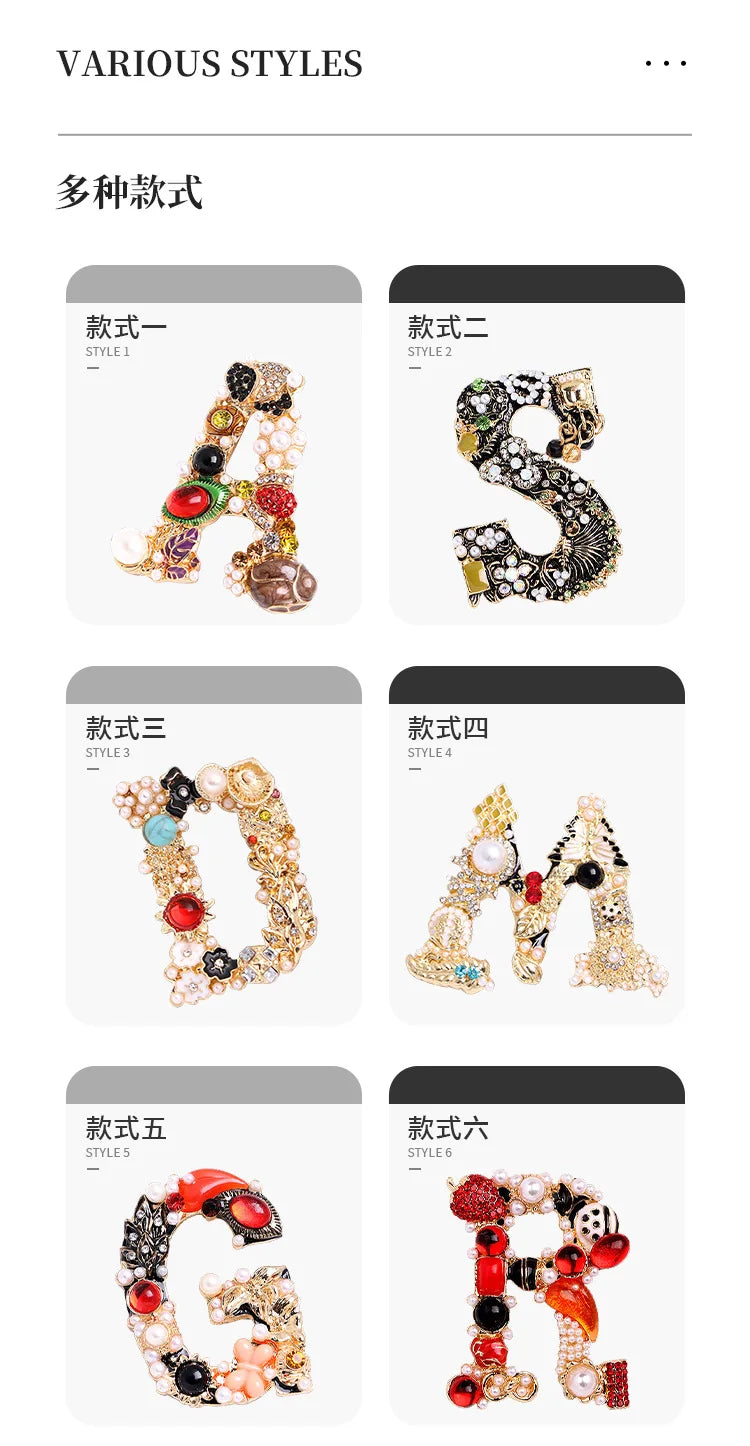Vintage Luxury Crystal Pearl Letter Brooch Korean Style Elegant Pin for Women Coat Dress High End Clothing Accessories Jewelry Qme 6PcsPin