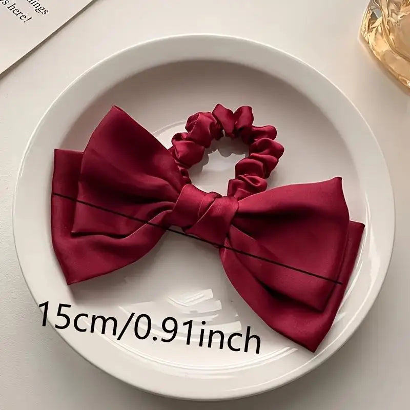 French Bow Scrunchie Elastic Hair Tie Elegant Satin Luxury Textured Qme
