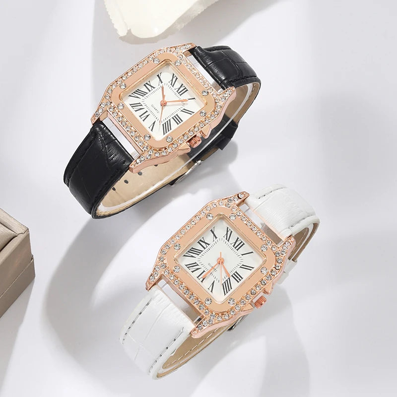 2pcs/set Luxury Women's Watch Set Analog PU Leather Wrist Watch Fashion Luxury Elegant Alloy Wristwatch Couple Watch Qme