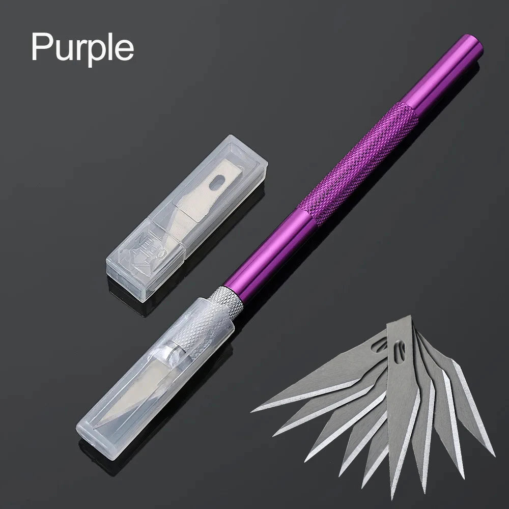 Dough Carving Knife Non-Slip Handle With 10Pcs Blade Scalpel Engraving Cutter Sculpture Carving Knife Pastry Baking Cake Tools Qme Purple With 10 Blade