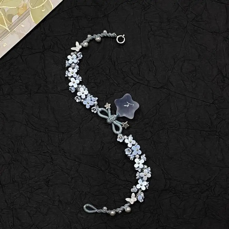 Blue Flower Braided Bracelet With Star Butterfly And Faux Pearl Accents Perfect For Daily Wear Gift For Girls Fashion Jewelry Qme
