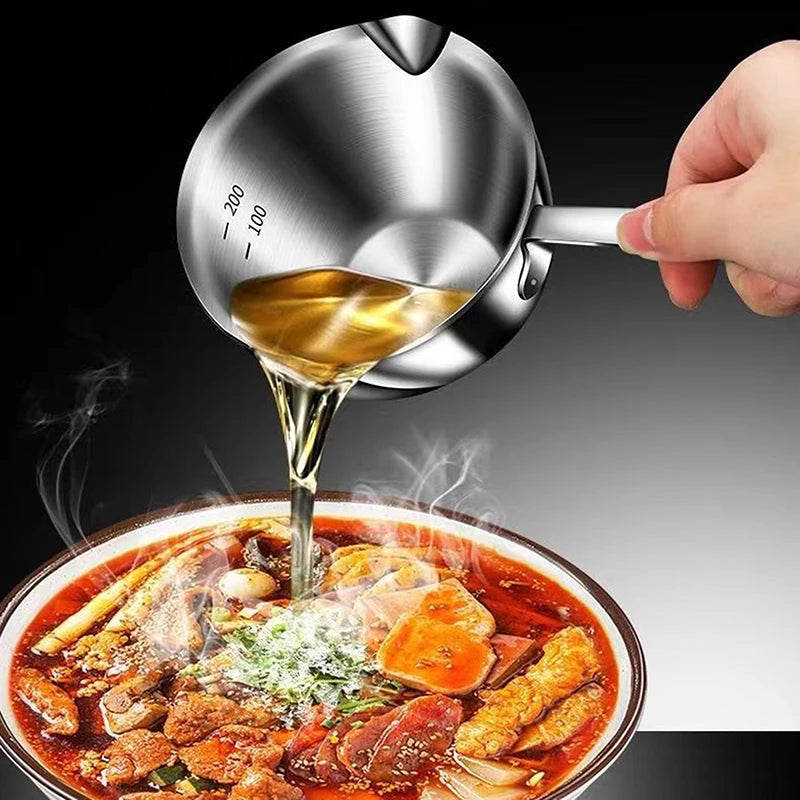 300ML 304 Stainless Steel Oil Splashing Pot Kitchen Oil Pouring Mini Hot Oil Pot With Dual Pour Spout Small Butter Warmer Pot. Qme