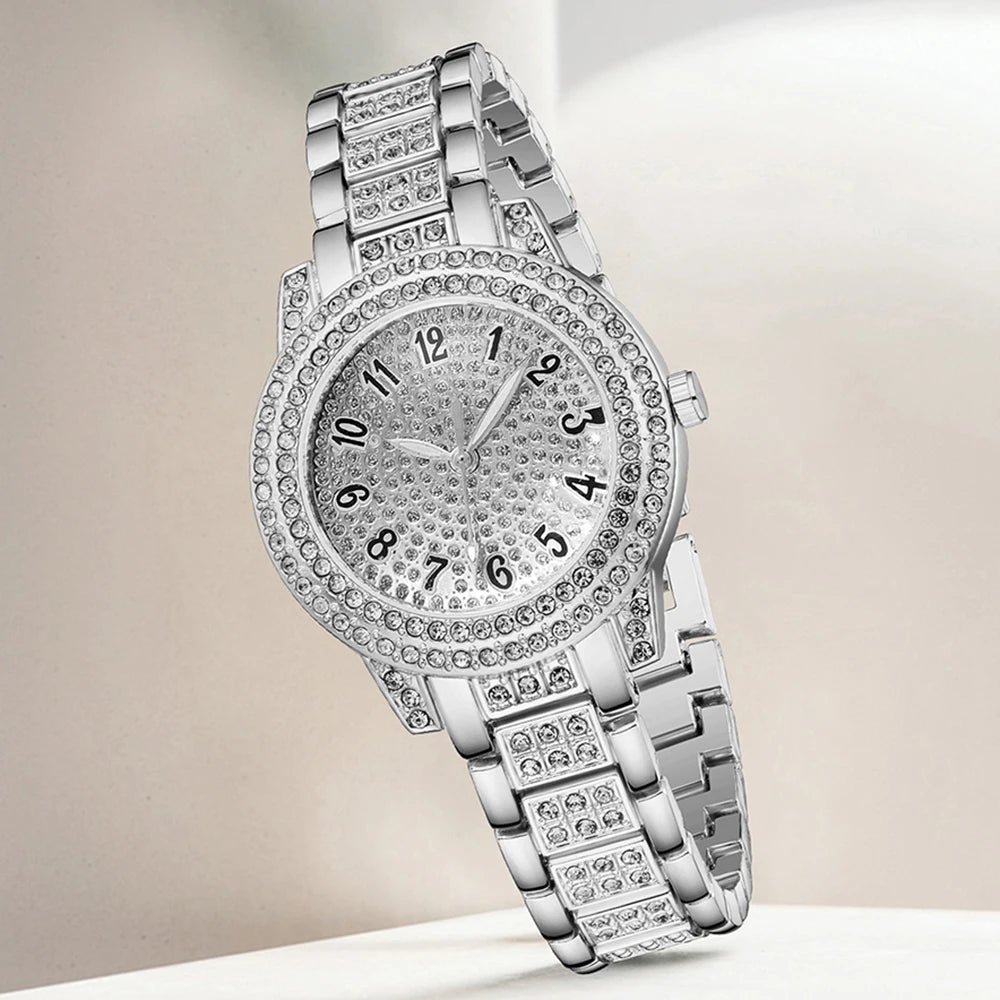 Full diamond silver steel band women's watch diamond bracelet Fried Dough Twists bracelet earrings five piece set accessories Qme