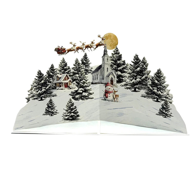 3D Christmas Card Night Before Scene Santa Reindeer Snowy Village Qme