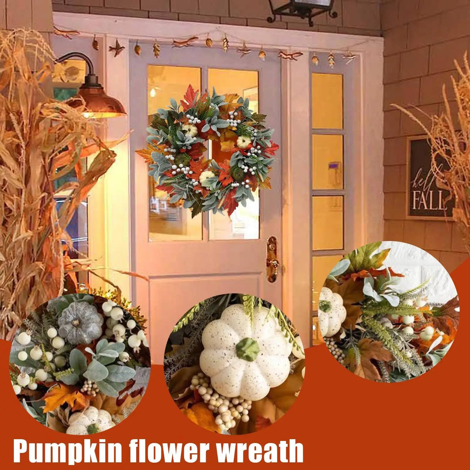 Halloween Wreath Harvest Season Decor Festive Maple Leaves Pumpkin Qme