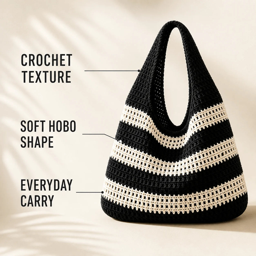 Women'S Crochet Handbag, Retro Vacation Style Handmade Crochet Striped Decorative Shoulder Needlepoint Large Capacity Handbag Qme