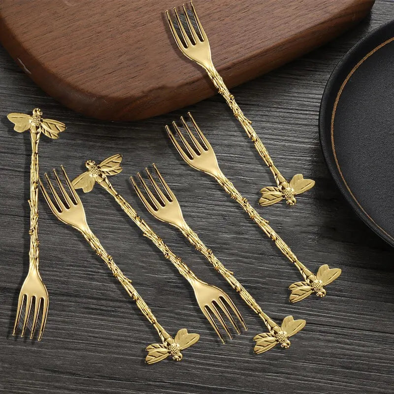 6pcs Stainless Steel Vintage Forest Style Coffee Spoon Dessert Spoon Dragonfly Branch Spoon Gift Craft Ice Cream Fork Spoon Set Qme