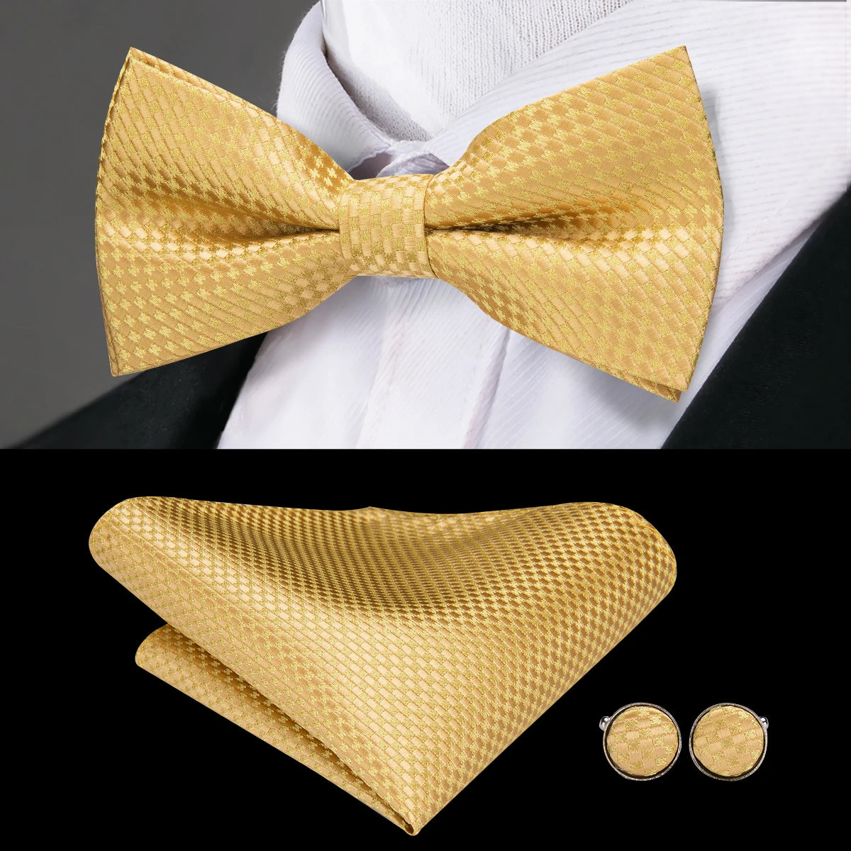 Hi-tie Grey Plaid Jacquard Pre-tied Mens Bow Tie Hanky Cufflinks Qme LH-0745