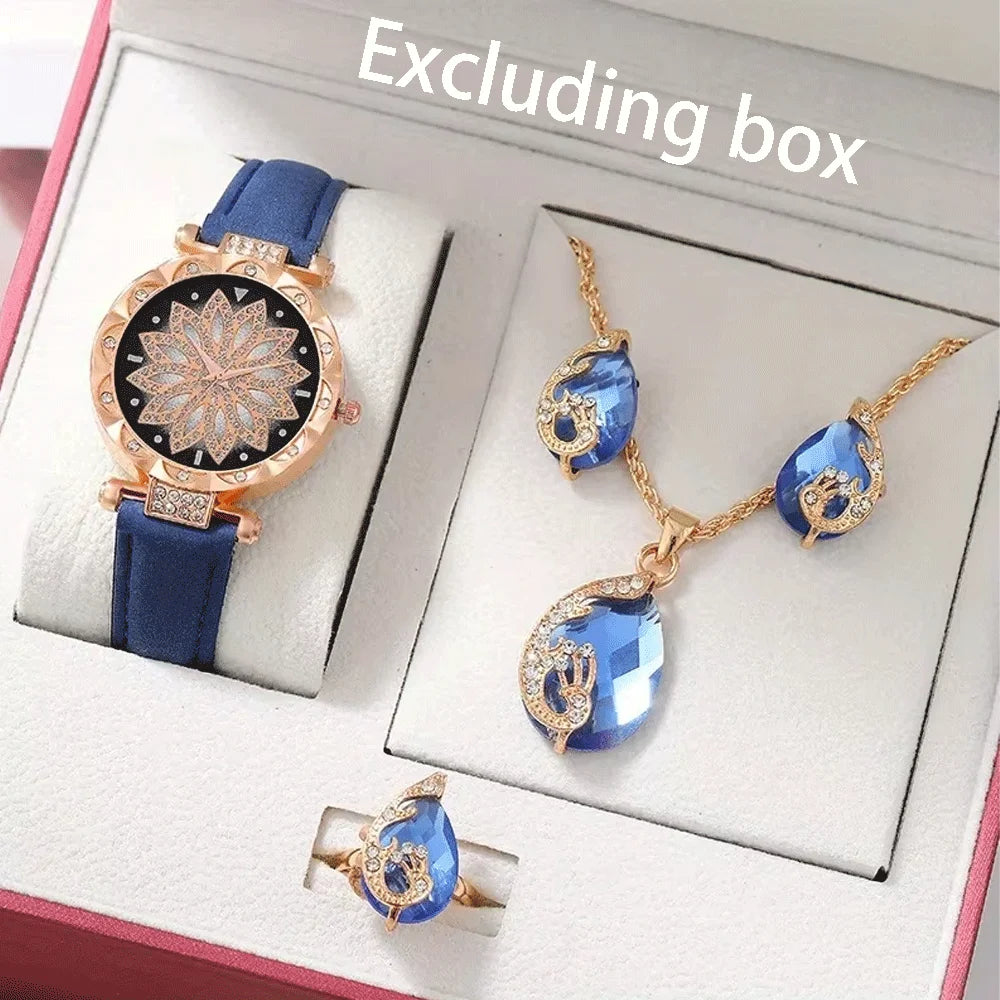 5Pcs/Set Watches Jewelry Set 1 Pcs Of Round Hand Quartz Watch And 4 Pcs Of Jewelry Fancy Women Watches Jewelry Sophisticated Qme Blue No