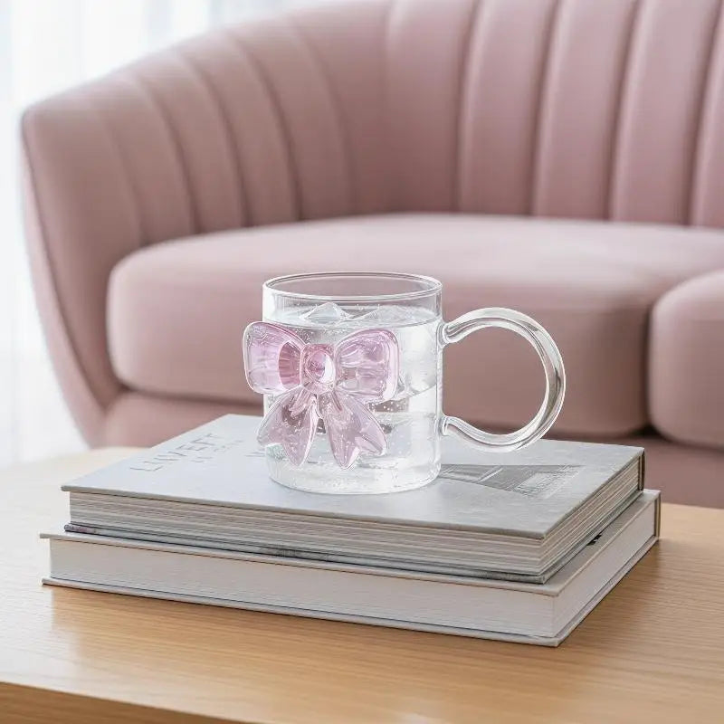 Pink Large Bow Glass Decor Cup Handle Glasses Heat-resistant Qme