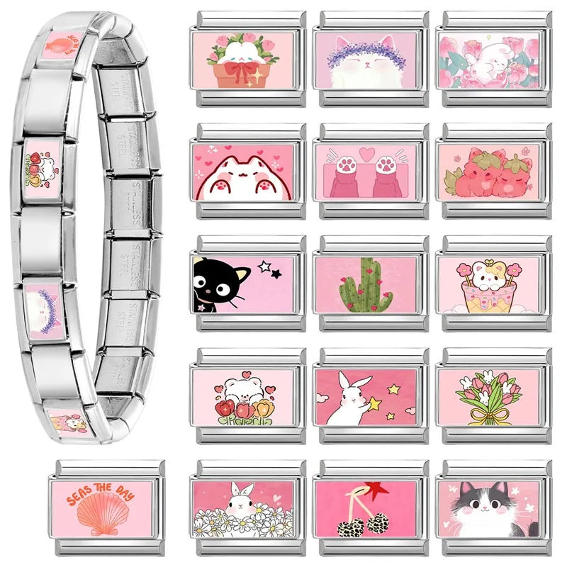Y2K Pink Design Lovely Rabbits Tulip Flowers Strawberry Italian Charm Links 9mm Bracelets Bangle Stainless Steel DIY Making Gift Qme