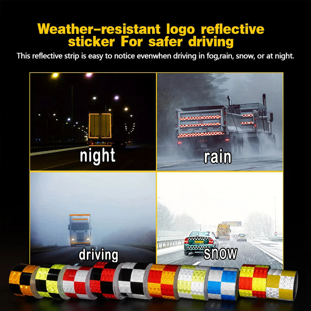 Reflective Sticker Square Grid Checkered Pattern Reflector Tape Red Yellow Fluorescent White Reflect Film For Truck Car Road Qme