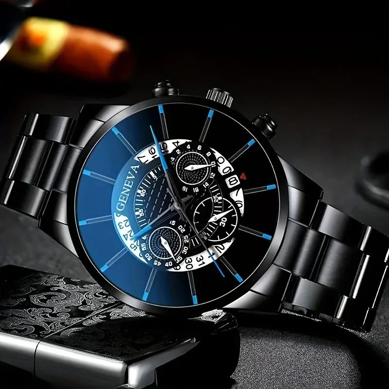 1pc Men's Round Dial Quartz Watch With Stainless Steel Strap & 1pc Bracelet Men's Accessories Qme