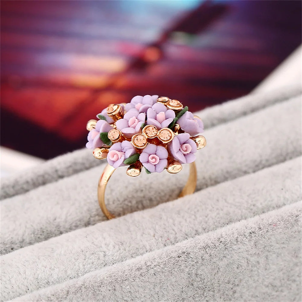New Jingdezhen New Chinese Ceramic Small Flower Ring with Adjustable Beautiful and Fashionable Women's Gathering Jewelry Qme PURPLE resizable