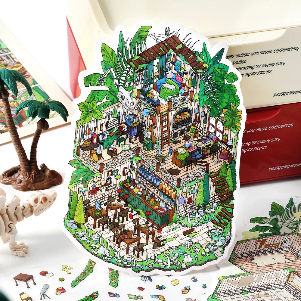 3 Sheets/Bag Fantasy House Miniature Scene Stickers PET+White Card 2.5D Stress Relief Game Stickers for DIY Craft, Birthday Gift Qme