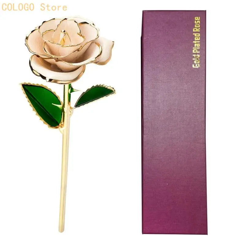 24K Plated Gold Dipped Rose Dried Flower Box Dispaly Stand Qme White CN