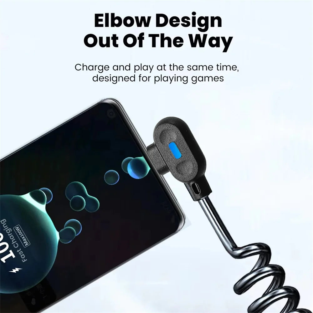 USB Type-C 90° Angle Elbow Fast Charging Spring Data Cable Spiral Coiled Retractable Data Cord Quick Charge For Huawei Samsung Qme