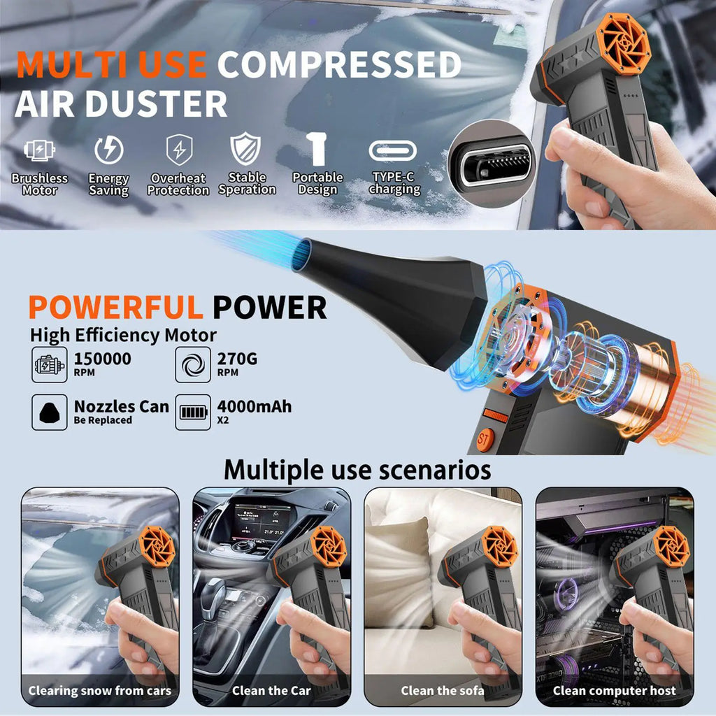 Air Duster For Car Rechargeable Portable Detailing Supplies Car Cleaning Blower Snow Air Duster For Truck RV SUV Frost Household Qme