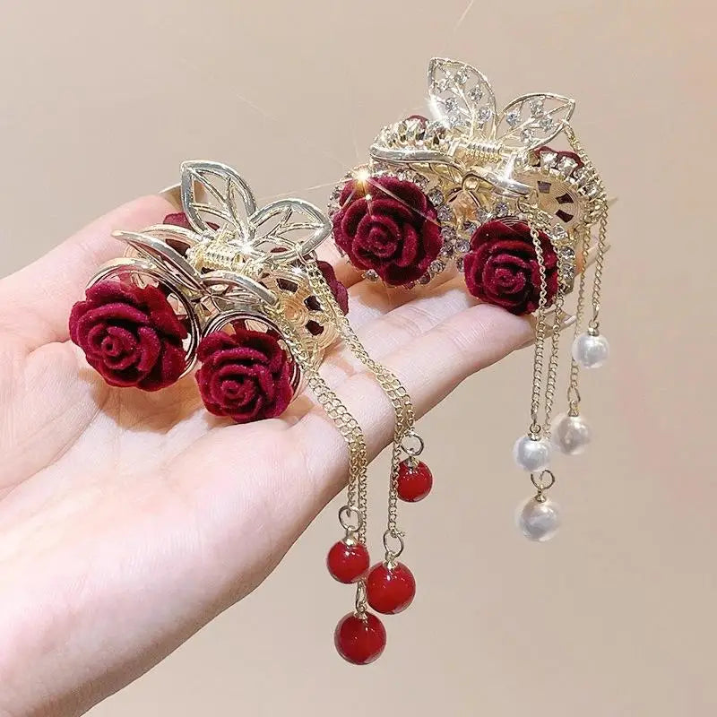 Vintage Elegant Red Flocked Rose Tassel Hair Clip Stylish Ponytail Qme