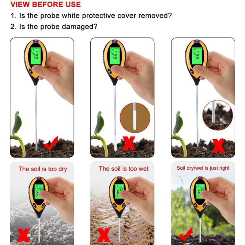 4 in 1 Soil PH Tester Light Sunlight Test Moisture Meter Temperature Tester. Qme