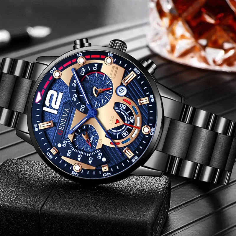 GENEVA Men's Creative Six-Pin Watch Alloy Steel Band Quartz Watch Men Watch New Luxury Men's Quartz WristWatch Qme