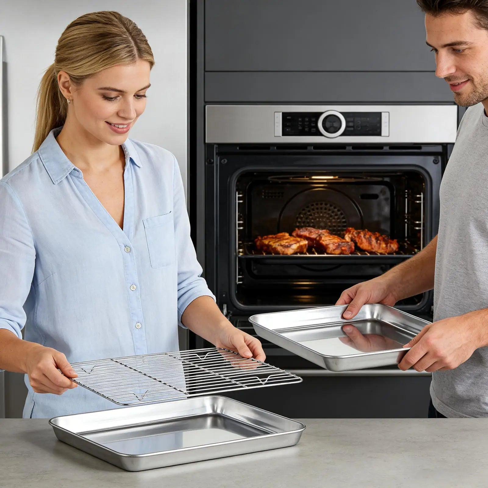 Baking Pans Set Stainless Steel Non-stick Multipurpose Trays With Cooling Rack Cooking Wire Rack For Cooking BBQ Outdoor Table Qme