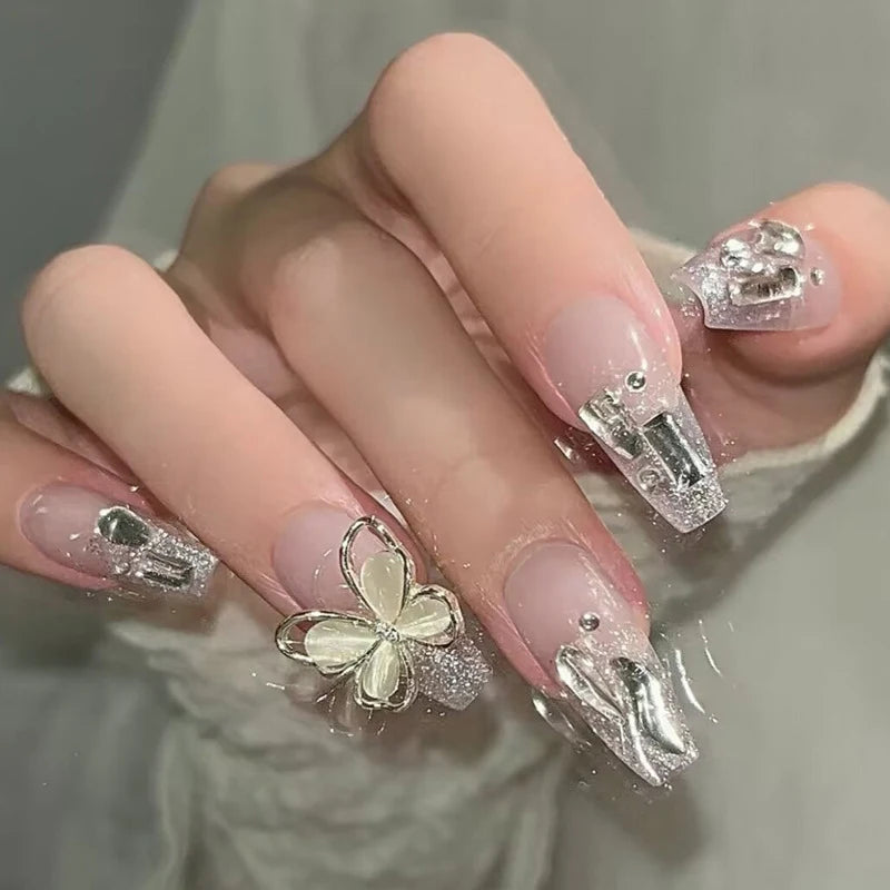 French False Nails Leopard Almond Fake Nail Tips Rhinestones Design Qme BY85