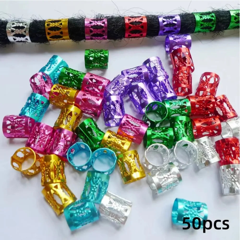 Metal Hollow Hair Rings Beads Braid Clips Dreadlock Cuffs Braiding Qme Colour mixture 50Pcs