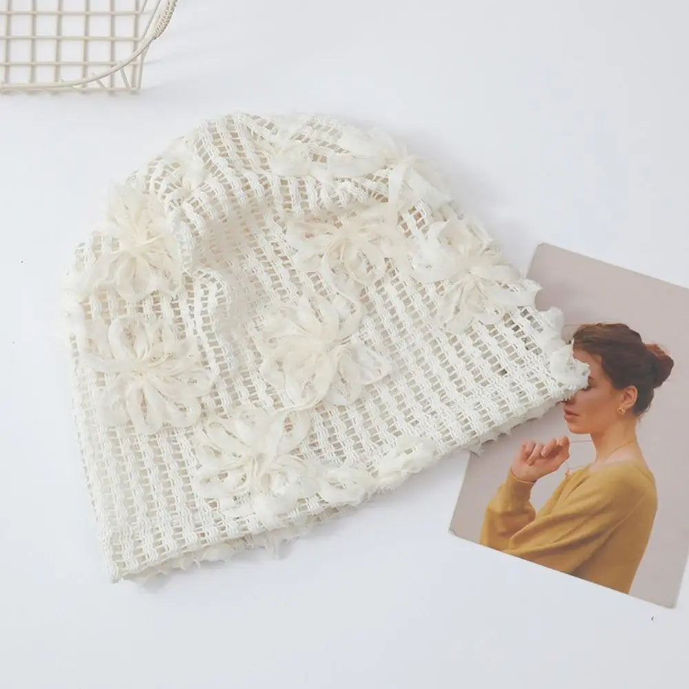 Retro Handmade Crochet Flower Hat Cute Thin Lace Beanies Korean Qme