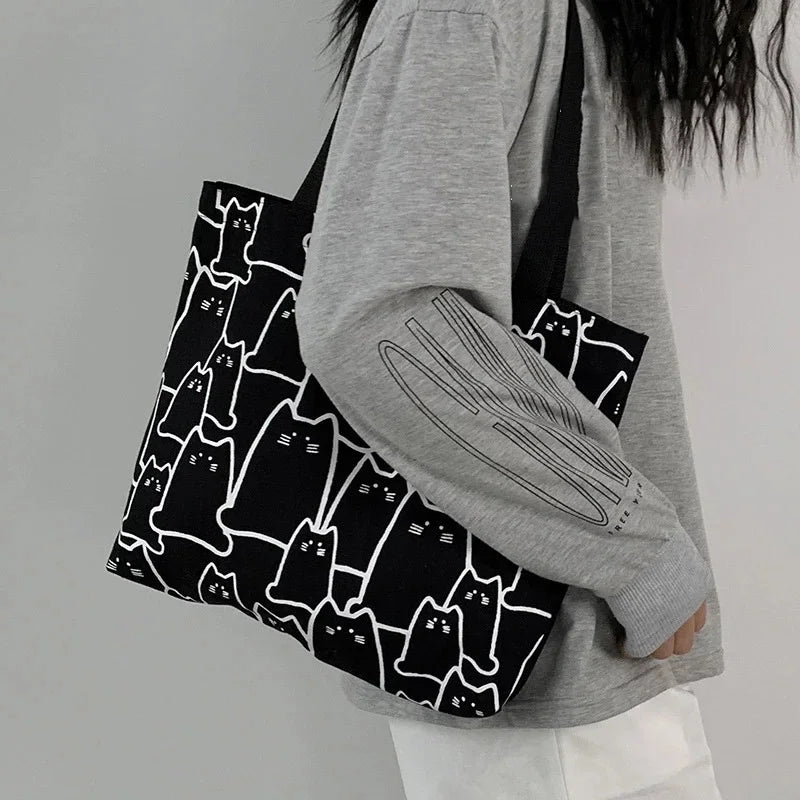 Cute Cat Shopper Handbags Shoulder Fashion Canvas Casual Shopping Qme Black
