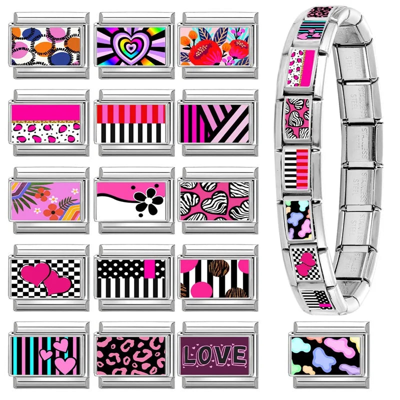 2026 Original Y2K Colorful Loving Heart Grid Flower Italian Charm Links Fit 9mm Stainless Steel Bracelet Women DIY Making Gift Qme