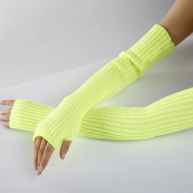 Women Long Fingerless Gloves Soft Female Glove Lolita Kawaii Mitten Qme Bright Yellow length-52cm