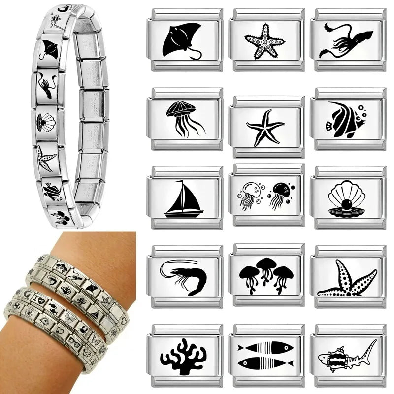 2026 Design Jellyfish Shell Pearl Turtle Laser Engraving Italian Charm Links Stainless Steel Fit 9mm Bracelet Jewelry DIY Making Qme