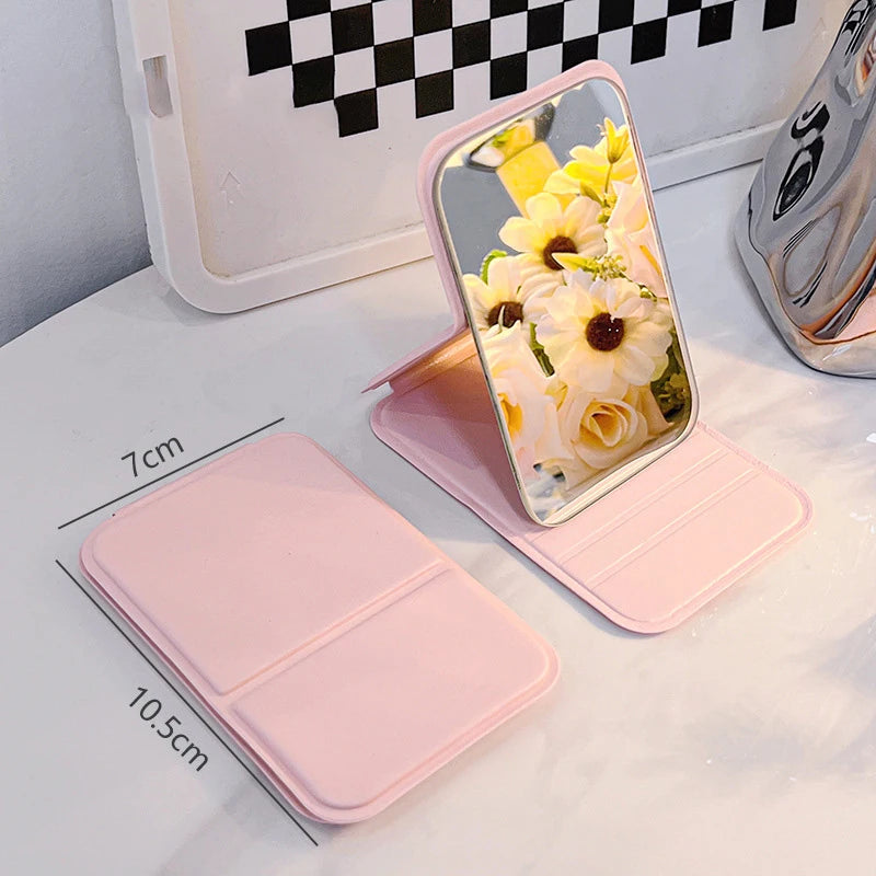 Foldable Makeup Mirror Simple Portable Handheld Desktop Dual-use Qme one size Pink