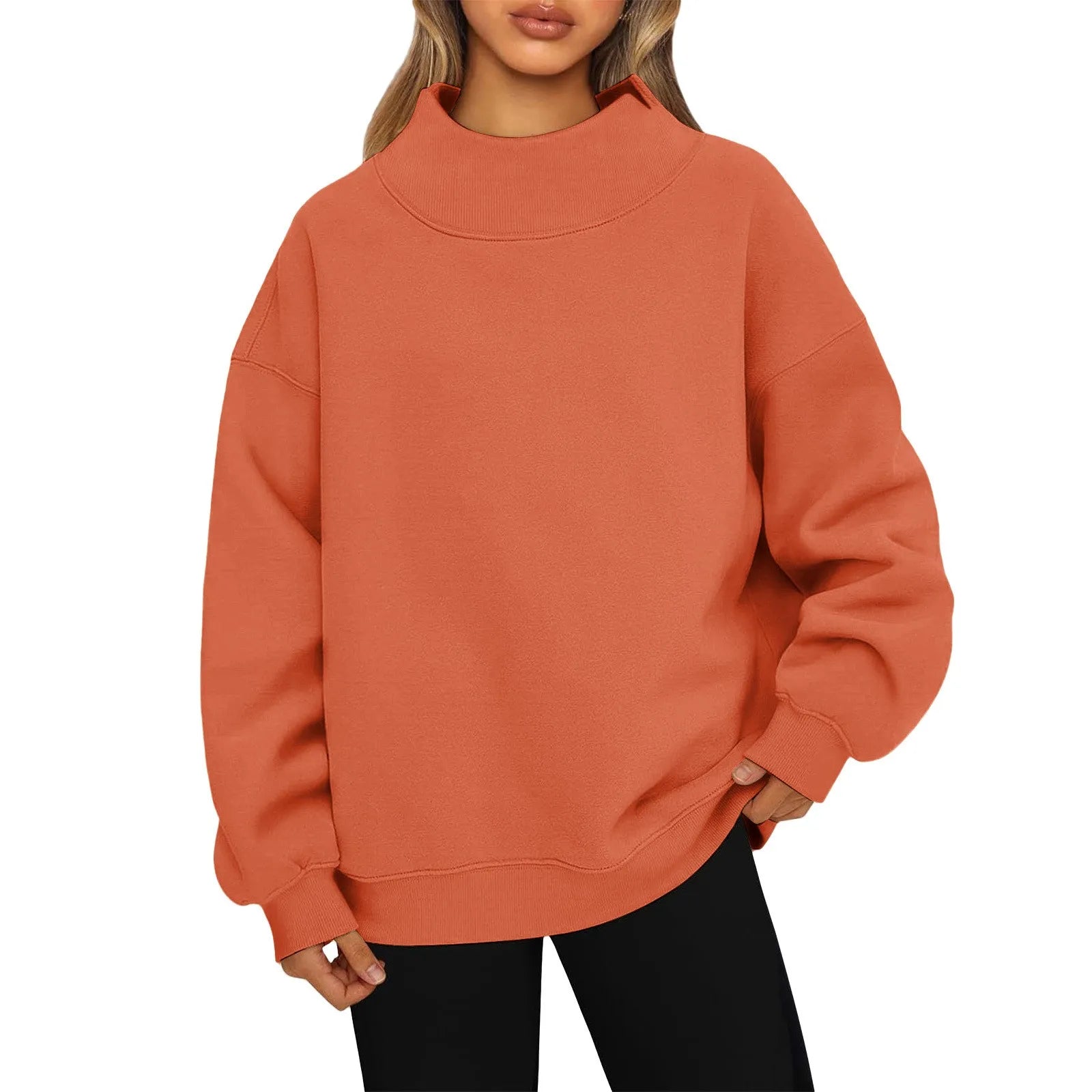 Fashionable Loose High Neck Long Sleeved Solid Color Hoodie for Lady Lazy Style Basic Casual Commuted Pullover Top Qme Saffron S