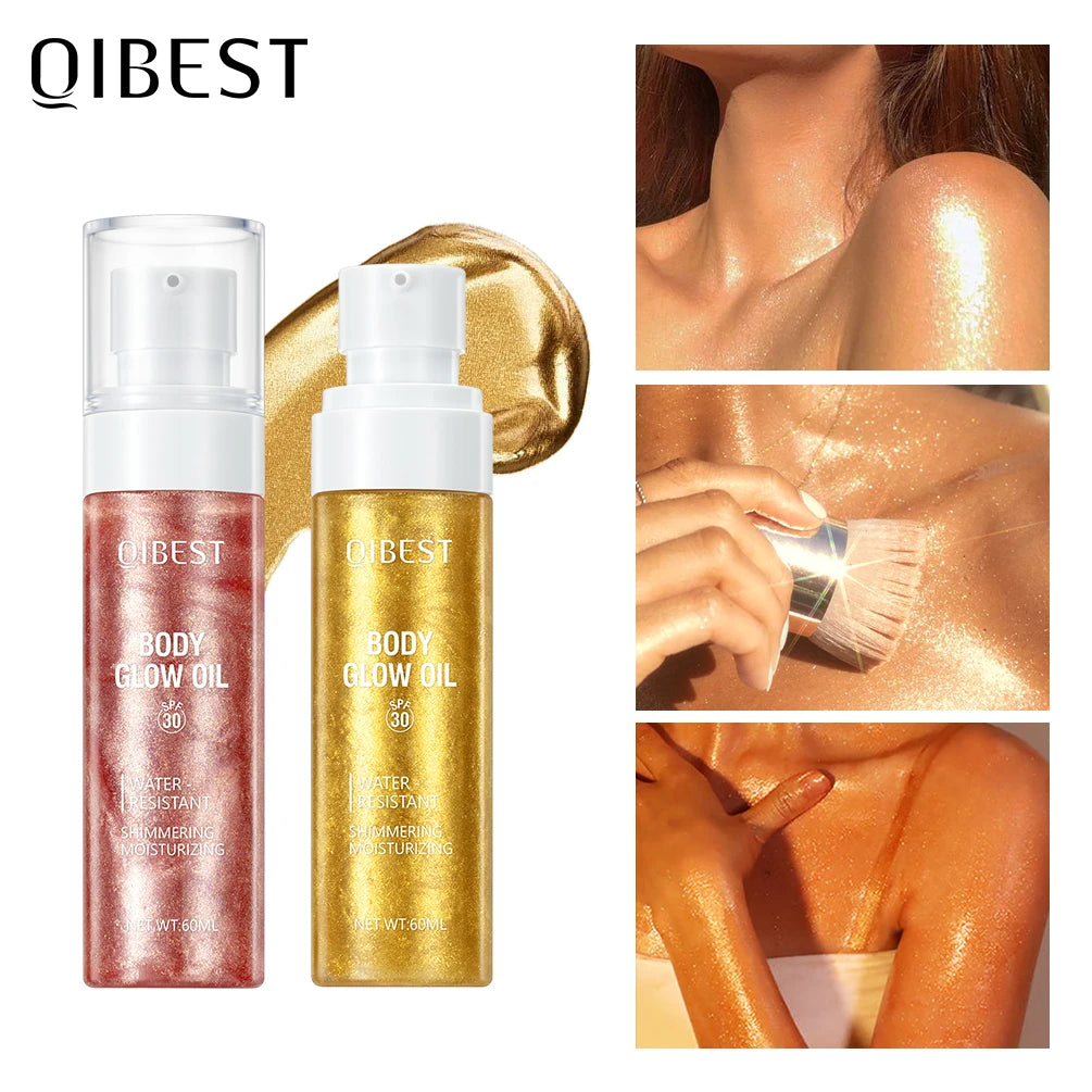 QIBEST Liquid Highlighter Gold Shimmer Oil Waterproof Smooth Diamond Face Body Glow Illuminator Body Highlight Lasting Cosmetics Qme