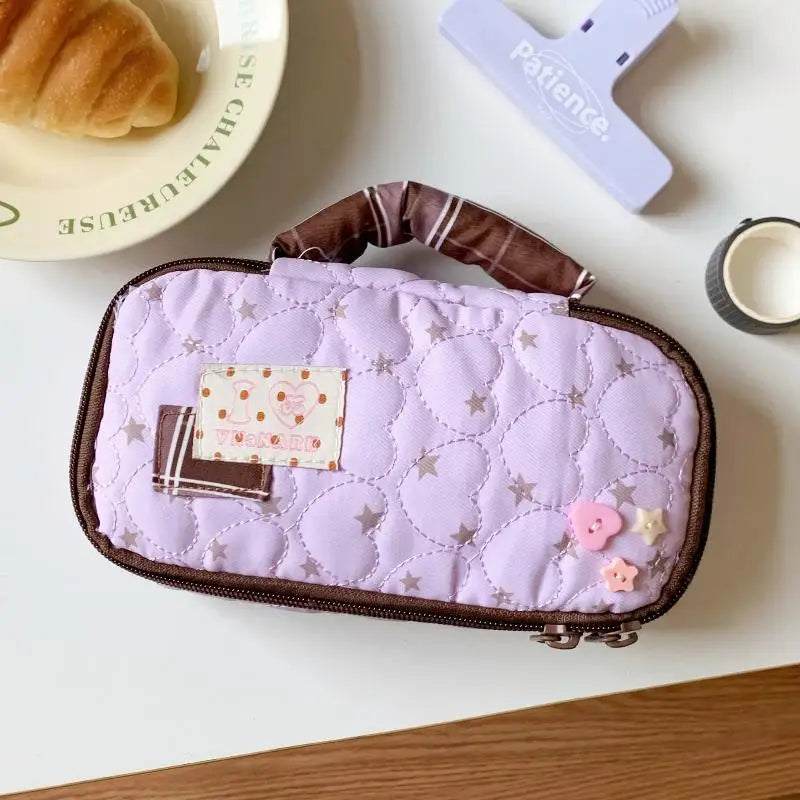Heart Shaped Handle Pencil Case Cute Ins Student Pen Bag Qme Purple
