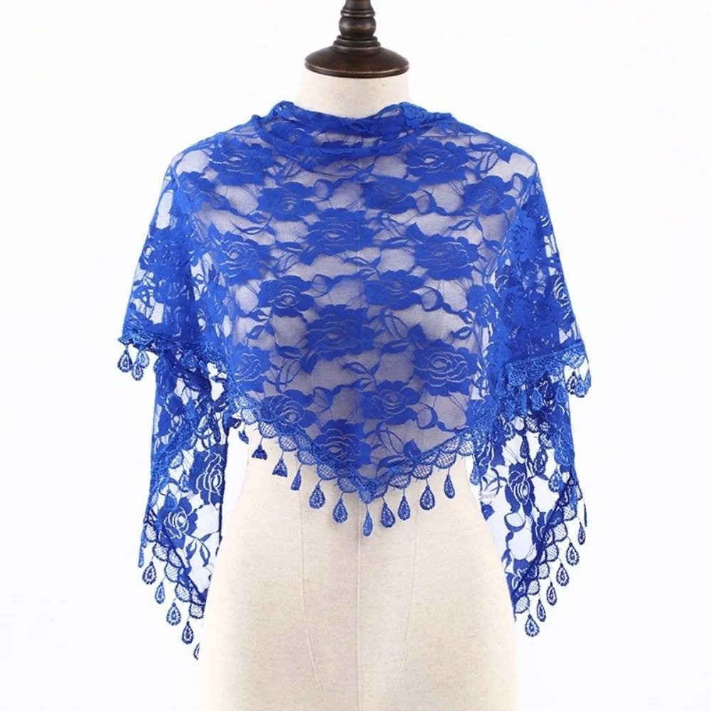 Sun Protection Lace Scarf Colorful Tassel Printed Wraps Hair Qme Blue