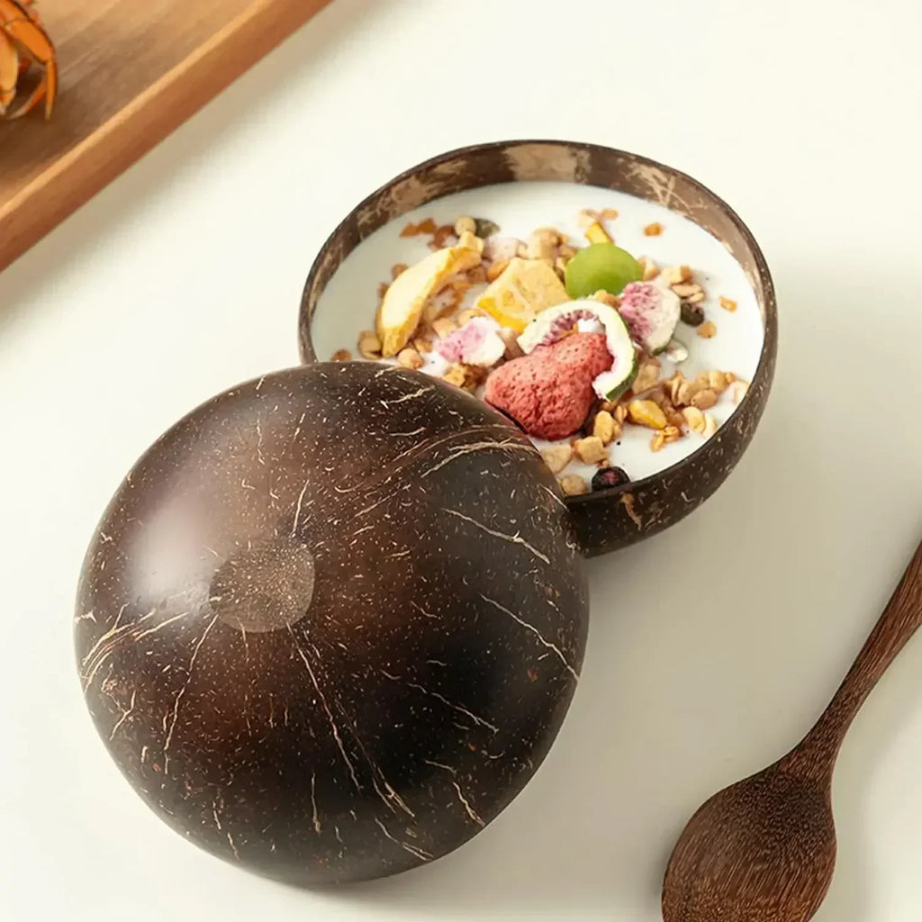 Natural Coconut Shell Bowl with Spoon Yogurt Bowl Wooden Bowl Polished Coconut Bowls Fruit Salad Dessert Wooden Spoon Sets Bow Qme