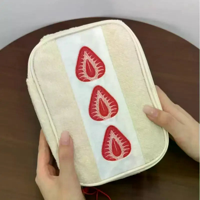 Cute Embroidered Strawberry Pencil Case Portable Stationery Pen Box Multi Functional Large Capacity Makeup Bag Storage Bag Qme