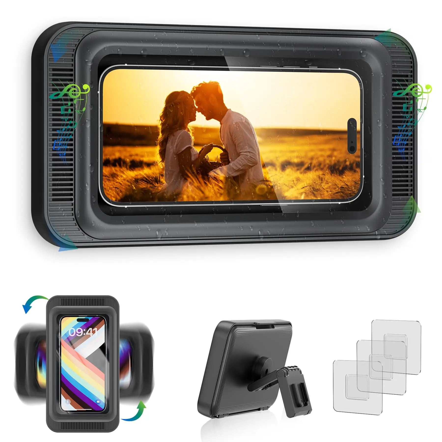 Shower Phone Holder with Speaker 480 Rotation, Wall Phone Mount for Shower Waterproof Anti Fog Shower Case for 4-7" Phones Qme black
