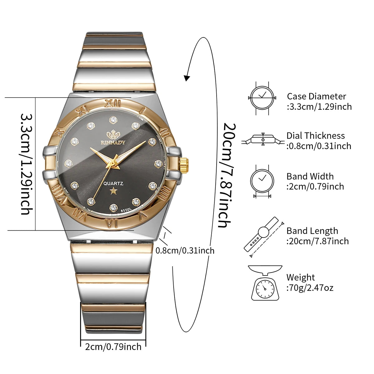 Two Tone Gold Silver Ladies Watch Rhinestone Dial Roman Trim Bezel Stainless Steel Band Elegant Women Quartz Dress Wristwatch Qme