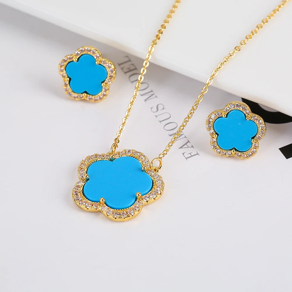 Trendy New Sweet Fashion Natural White Solid Five Leaf Petals Women Jewelry Set Necklace Earrings High Quality Gift Qme 1