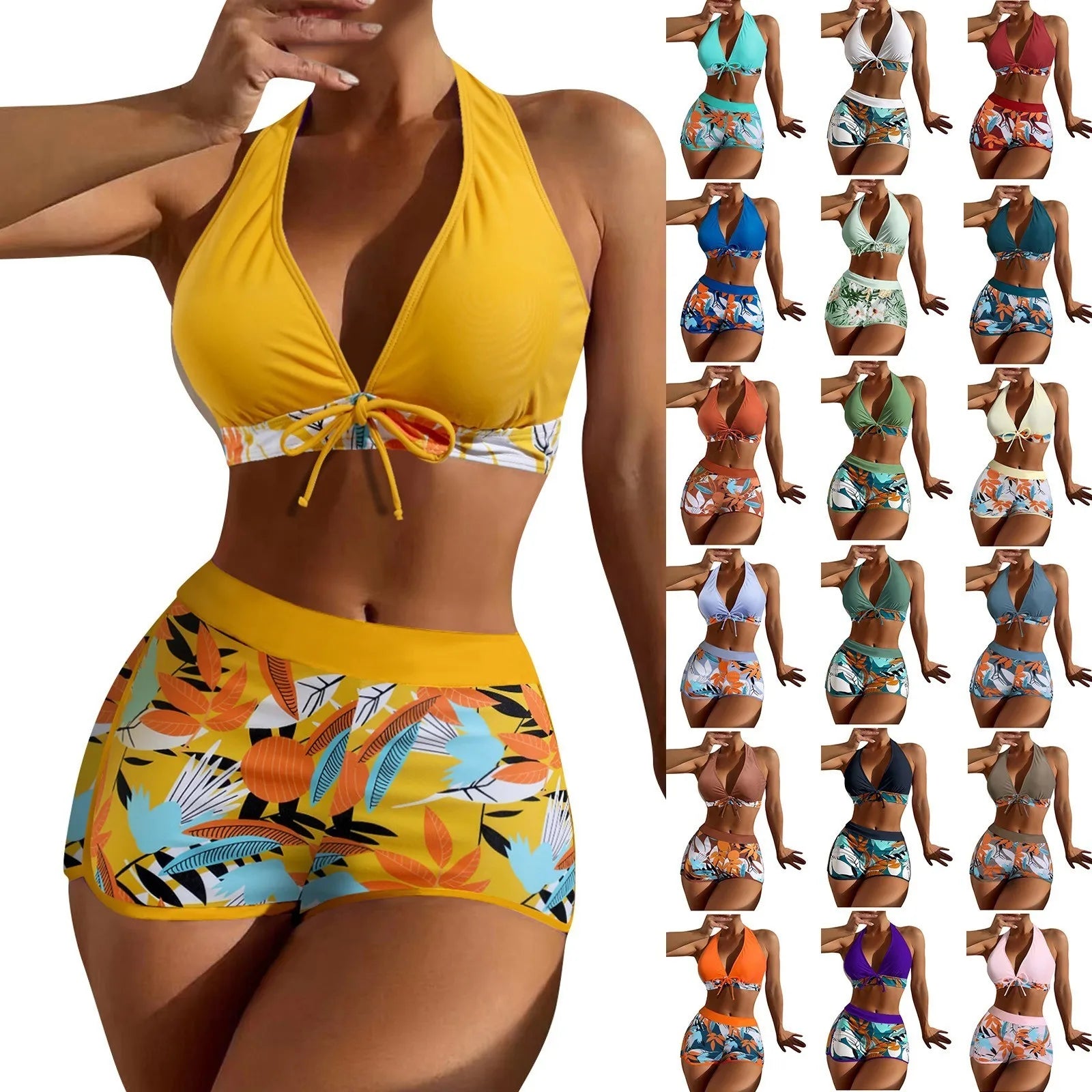 Women's Paneled Printed Swimsuit Ladies Fashion Sexy Split Boxer High Waist Swimsuit Two-Piece Set V-Neck Bathing Suits Female Qme