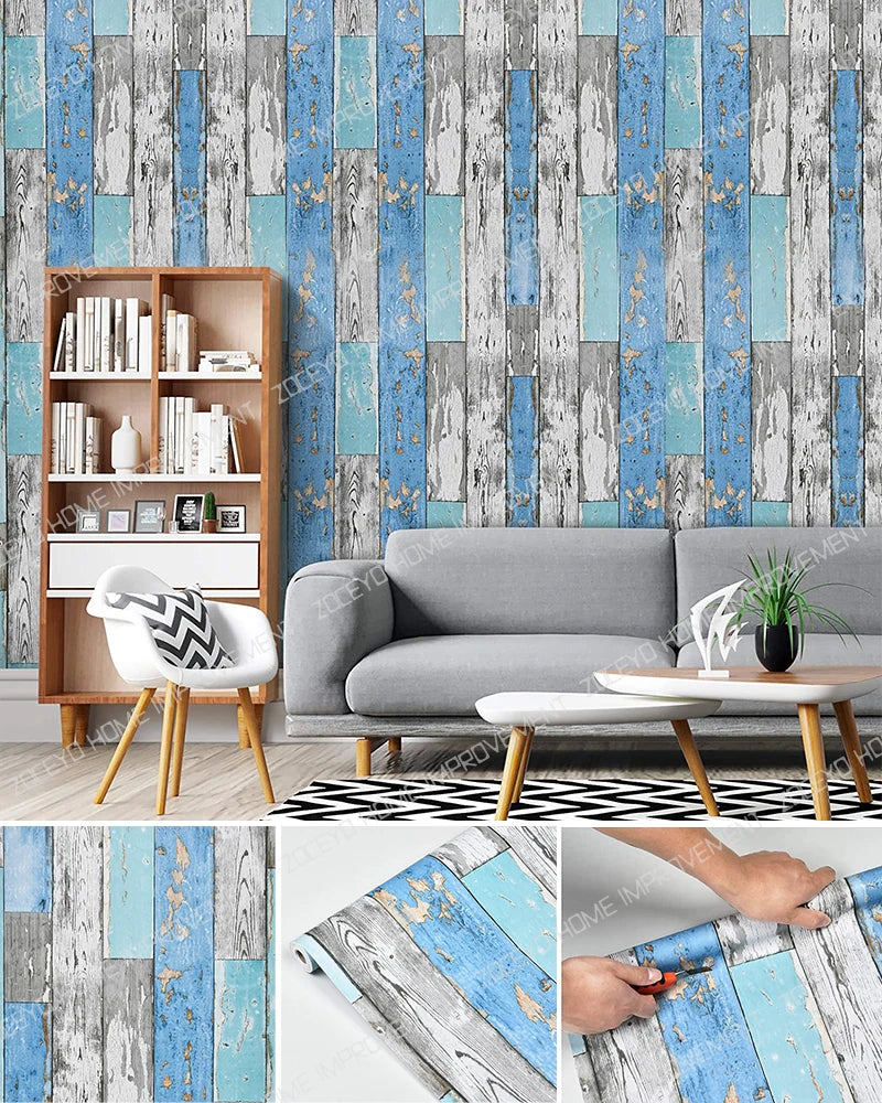 Blue Wood Vinyl Self Adhesive Wallpaper Living Room Bedroom Furniture Qme Light Grey Blue 10mx45cm