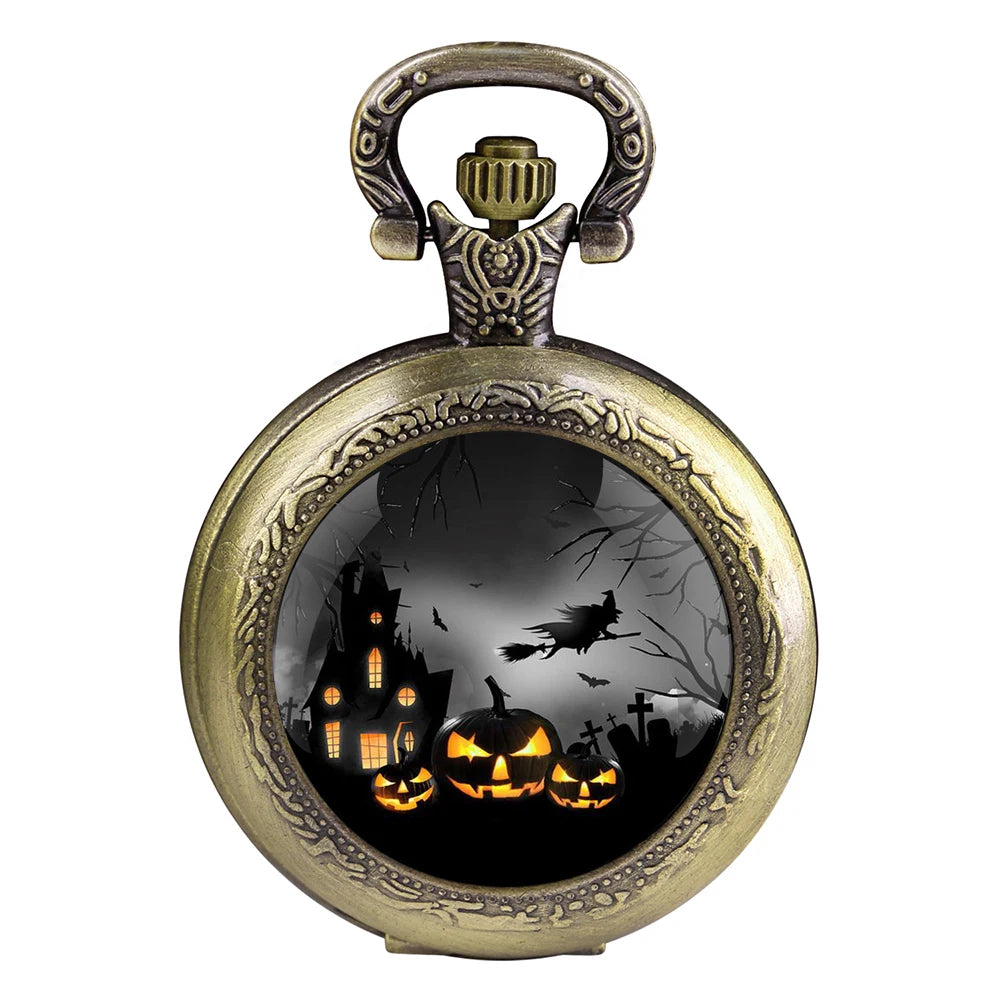 Pumpkin Witch Glass Dome Quartz Pocket Watch With Durable Chain Arabic Numeral Dial Halloween Gifts for Kids Qme Bronze