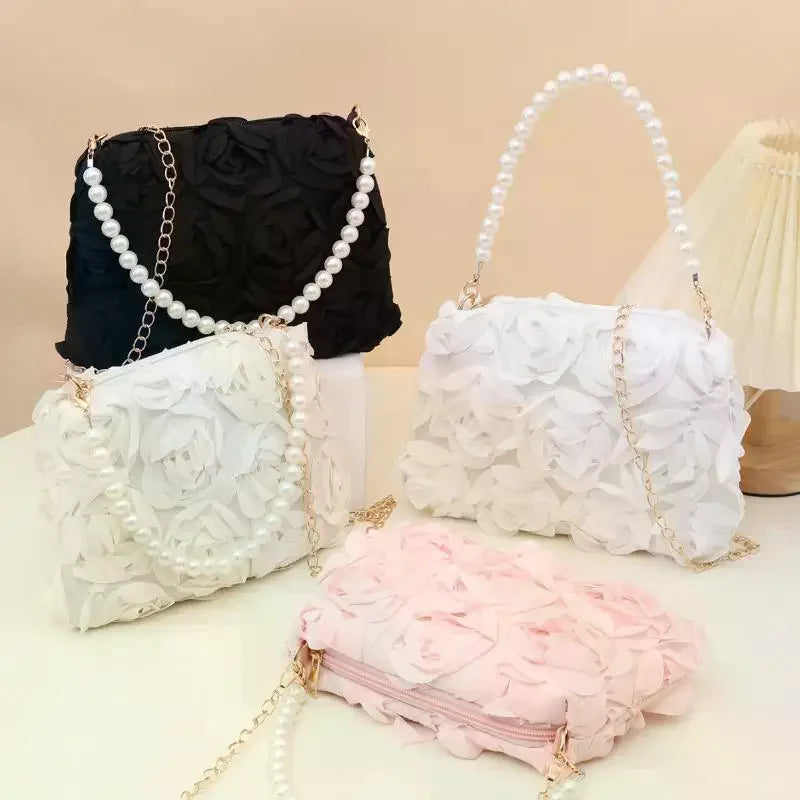 Ladies 3D Rose Floral Shoulder Bag With Pearl Handle Detachable Chain Perfect For Wedding Party Evening Date Qme